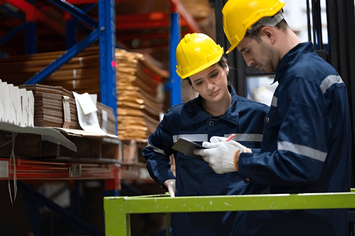 Workers reviewing inventory stock in an MSME facility tackling spare parts shortages | SpareVillage Two workers checking inventory in a medium-sized industrial unit