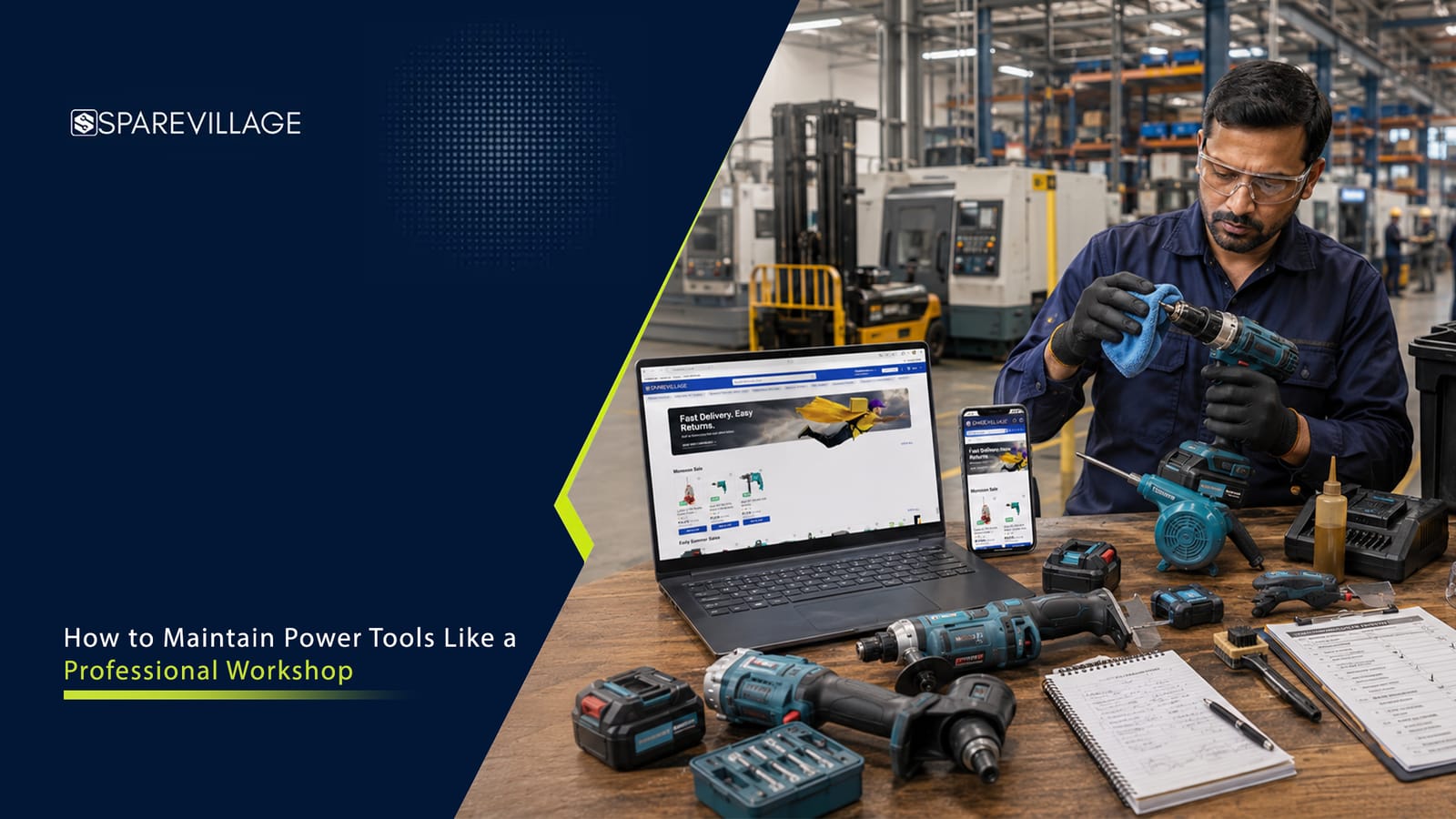 Power Tools Maintenance Guide - Sparevillage Professional power tools maintenance guide showing drill, grinder and cordless tool servicing.