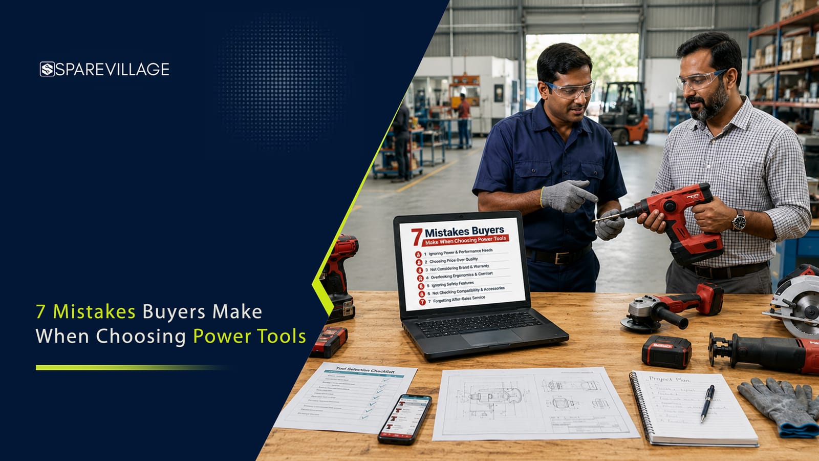 7 Mistakes Buyers Make When Choosing Power Tools - Sparevillage Industrial buyer checking power tools before purchase to avoid common buying mistakes