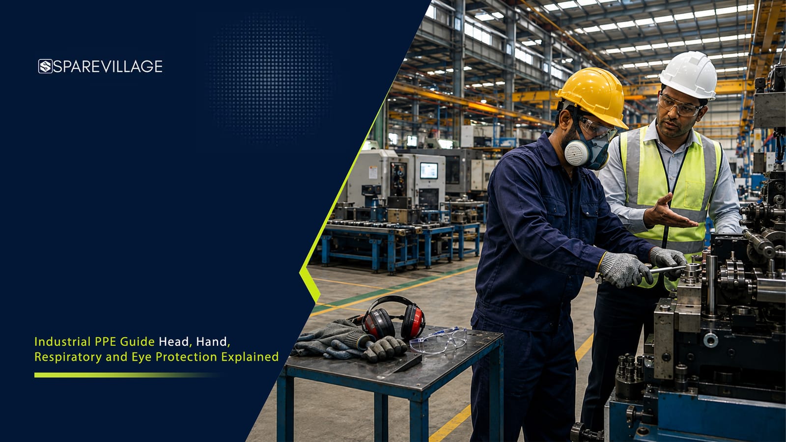 Industrial PPE Guide - Head, Hand, Respiratory and Eye Protection Industrial PPE including safety helmet, gloves, goggles, and respirator mask.