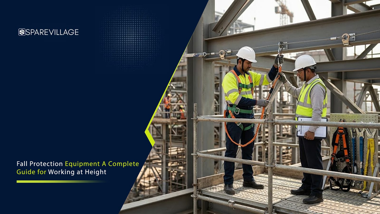Fall Protection Equipment for Industrial Use | Sparevillage Industrial worker wearing full body safety harness while working at height on a metal structure.