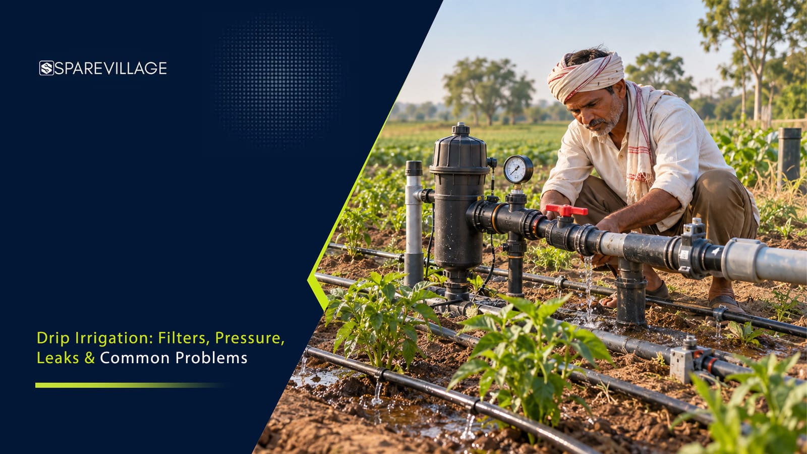 Drip Irrigation Filters, Pressure and Leak Management Drip irrigation system with filters, pressure regulator and pipes