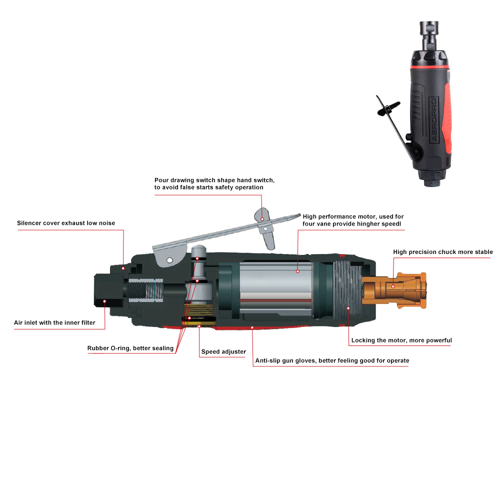 Aeropro RP-17314 1/4 (6mm) Air Die Grinder (22,000 RPM) 3