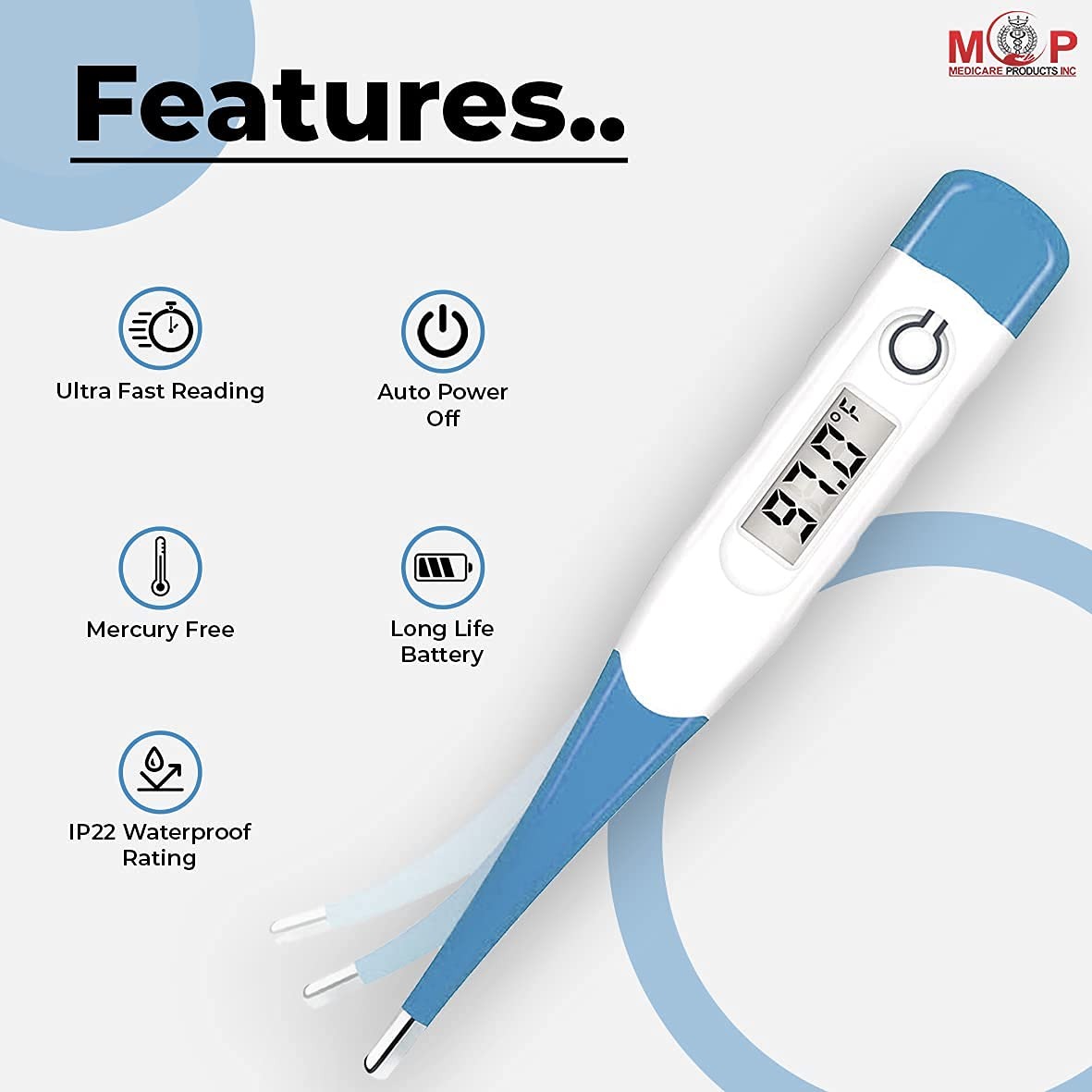  MCP Blue Flexible tip Waterproof Digital Thermometer - Oral & Underarm Temperature - Fahrenheit & Celsius, Plastic (mcp blue flexible) 2