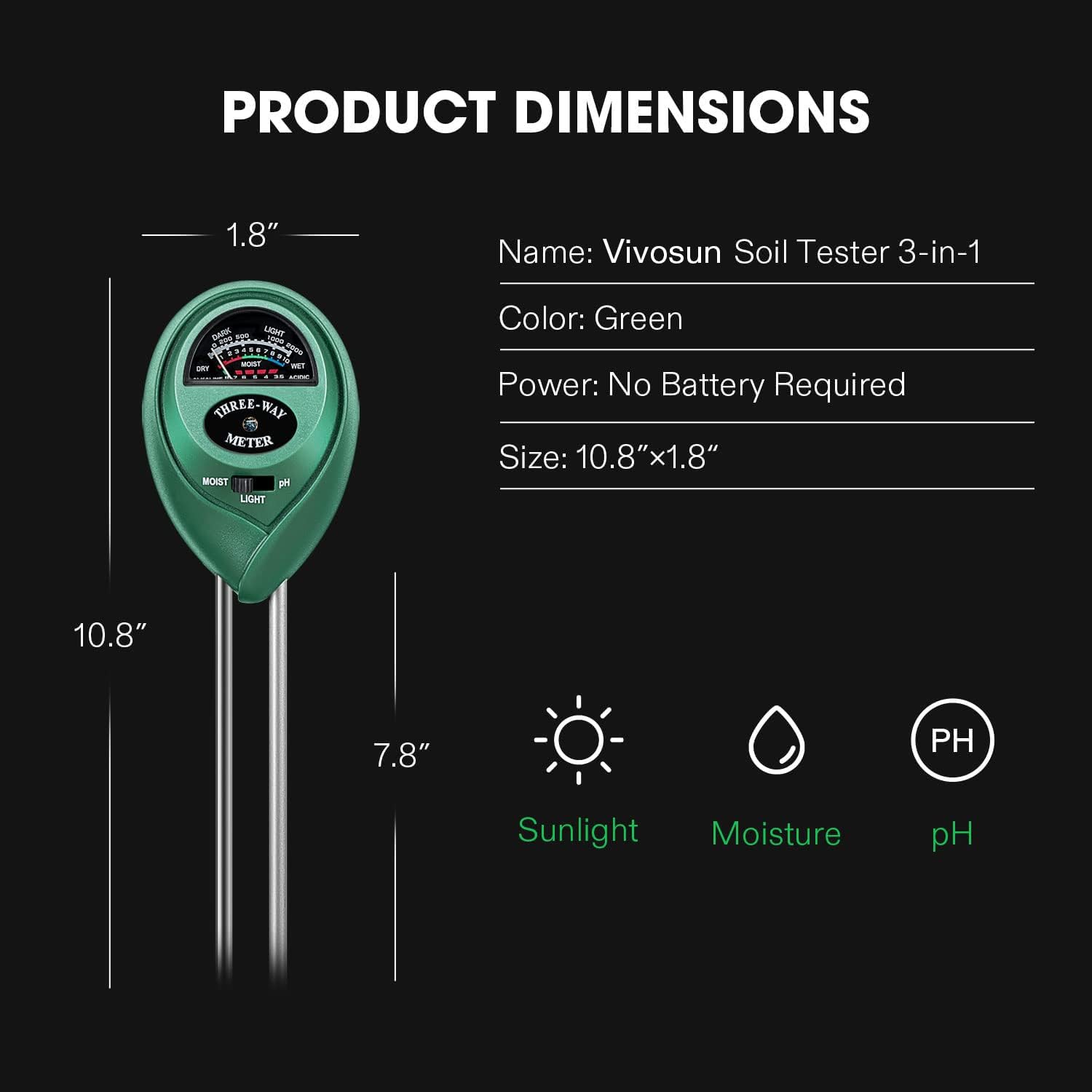 VIVOSUN 3-in-1 Soil Moisture pH Light Tester for Home, Garden, Lawn, Farm, Indoor & Outdoor Use (ST-003) 4
