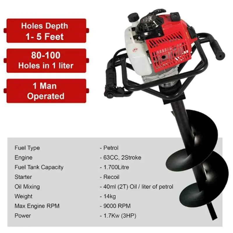 Greenleaf 63CC Earth Auger Petrol Engine Hole Digger with 8 & 12 inch Bit (63 CC) 2