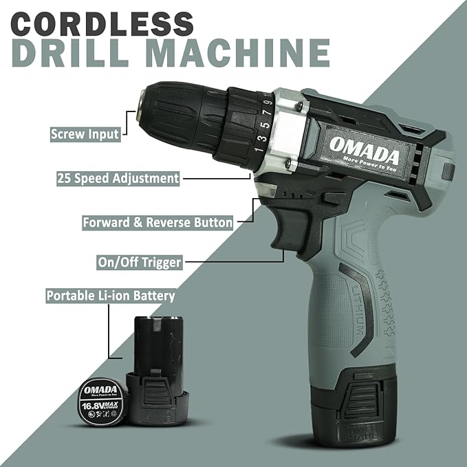Omada Cordless Impact Drill Kit 16.8V, 1550 RPM, 10mm Chuck, For Home & Wall Drilling(Omada OMD-GT-1003-16.8V Cordless Impact Drill) 3