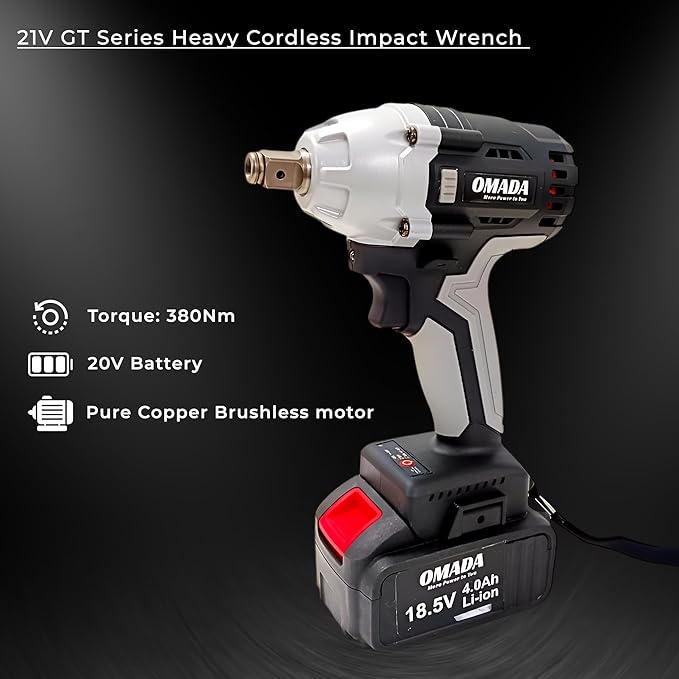 Omada Cordless 18.5V Impact Fixed Square Wrench with 2 Batteries & 1 Charger, Brushless Motor(Omada OMD-GT-1004 18.5V Impact Wrench) 2