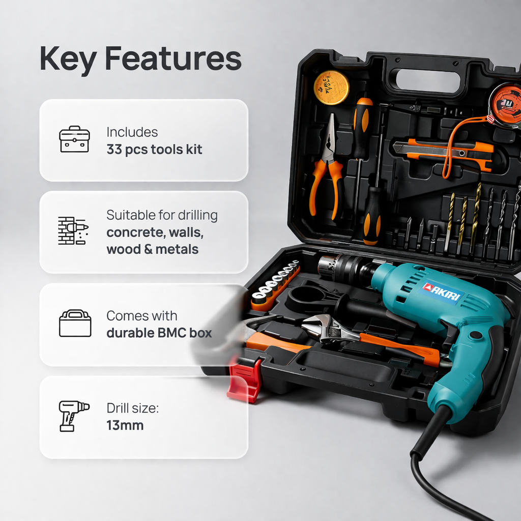Akari 13mm Impact Drill Machine with 33Pcs Tools Kit and BMC Box, 650 Watt (APT-IDK-33-KIT) 3