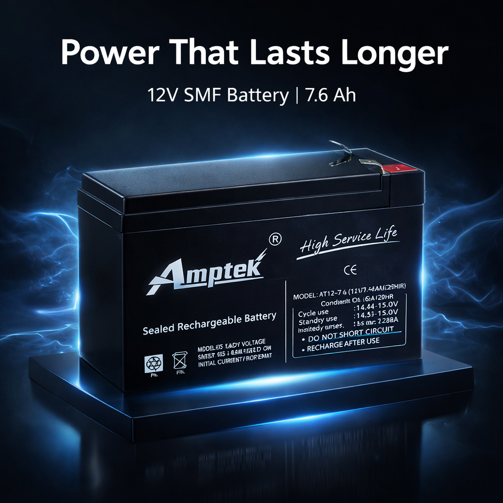 Amptek 12V 7.6Ah Black Sealed Rechargeable SMF Industrial Battery AT12-7.6 2