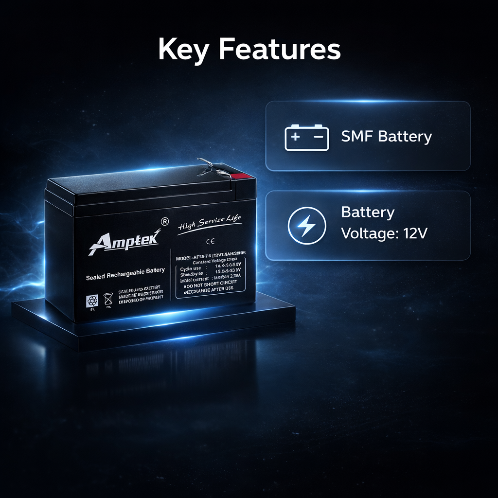 Amptek 12V 7.6Ah Black Sealed Rechargeable SMF Industrial Battery AT12-7.6 3