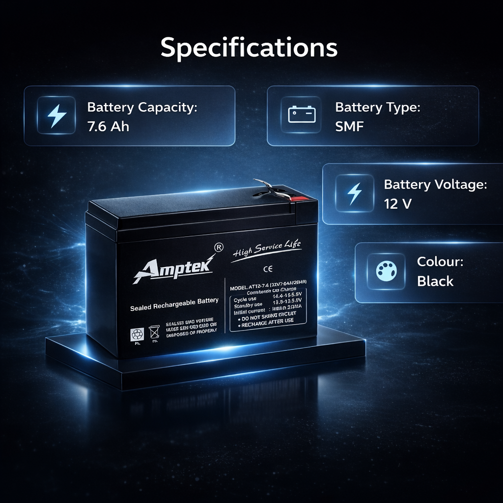 Amptek 12V 7.6Ah Black Sealed Rechargeable SMF Industrial Battery AT12-7.6 4