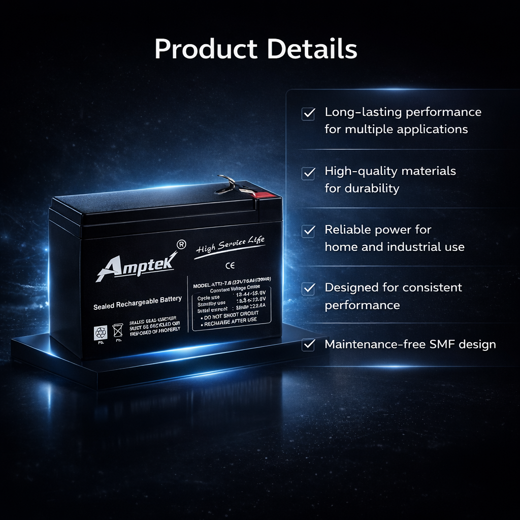Amptek 12V 7.6Ah Black Sealed Rechargeable SMF Industrial Battery AT12-7.6 5