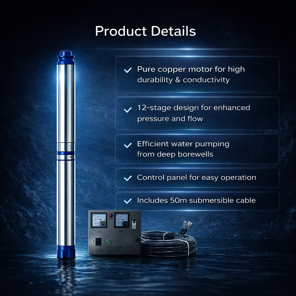 GANPATI JINDAL 1.5HP 12 Stage Single Phase Pure Copper Water Filled Borewell Submersible Pump with Control Panel & 50m Submersible Cable  12 Months Warranty 3