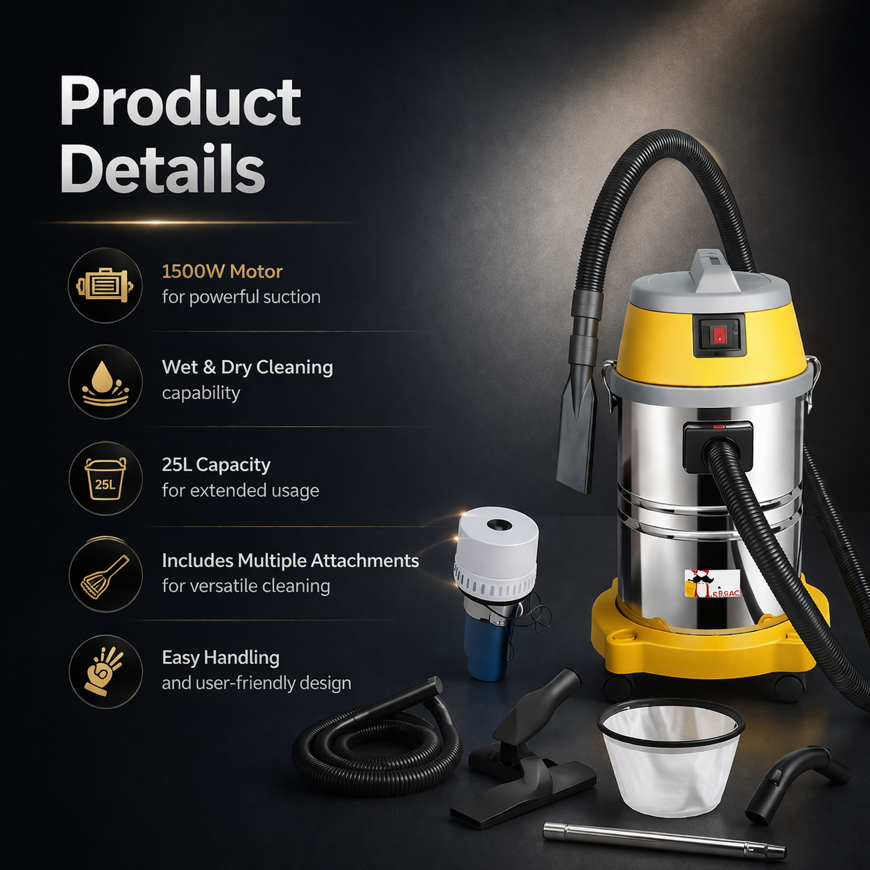 Hukums 25 L Wet and Dry Vacuum Cleaner with 1500 W Copper Winding Motor 5