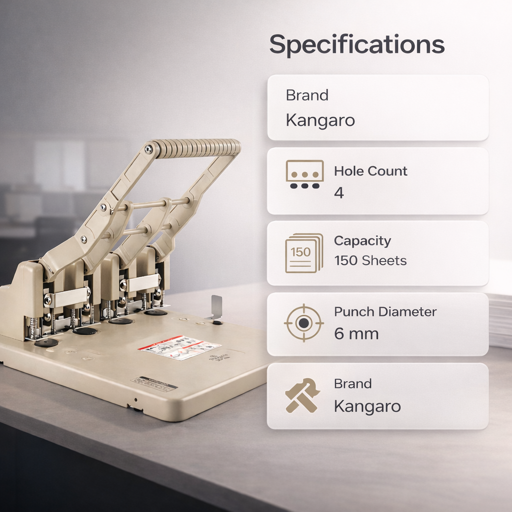 Kangaro HDP-4160 4 Hole Heavy Duty Metal Paper Punch| 150 Sheets Capacity | Office Essentials  4