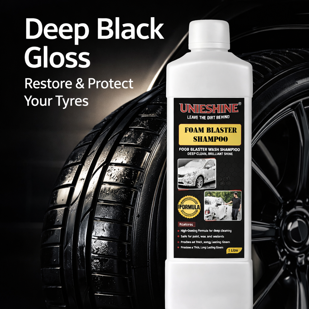 UNIESHINE Tyre Dresser & Polish 1000 ml | Deep Black Gloss for Tyres | UV Protection | Restores Faded Rubber Surfaces | Long-Lasting, Non-Greasy Shine 2