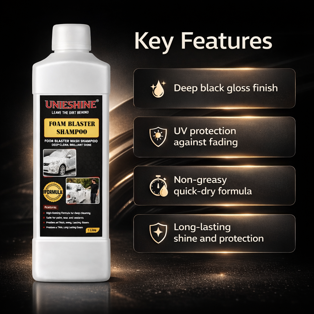 UNIESHINE Tyre Dresser & Polish 1000 ml | Deep Black Gloss for Tyres | UV Protection | Restores Faded Rubber Surfaces | Long-Lasting, Non-Greasy Shine 3