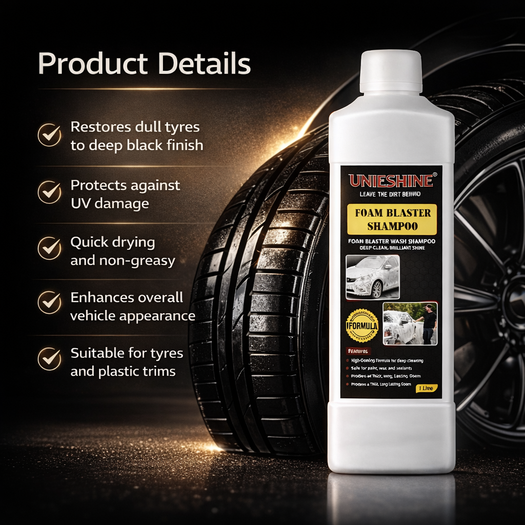 UNIESHINE Tyre Dresser & Polish 1000 ml | Deep Black Gloss for Tyres | UV Protection | Restores Faded Rubber Surfaces | Long-Lasting, Non-Greasy Shine 5