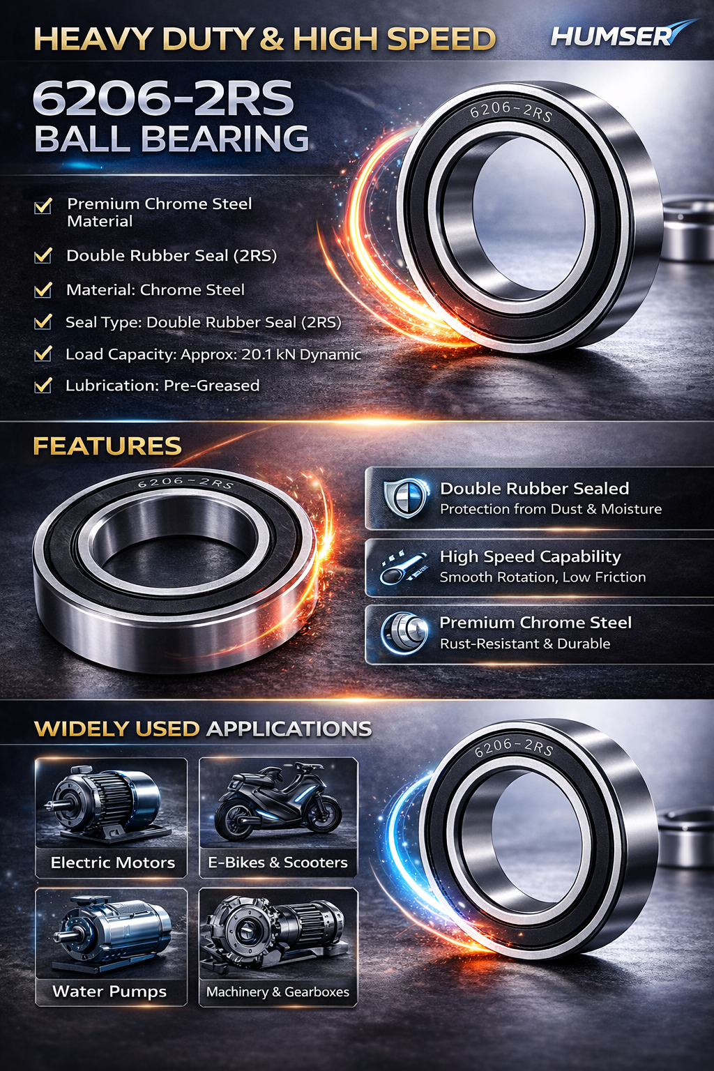 HUMSER EV 6206 Heavy Duty &High Speed Ball Bearing 4