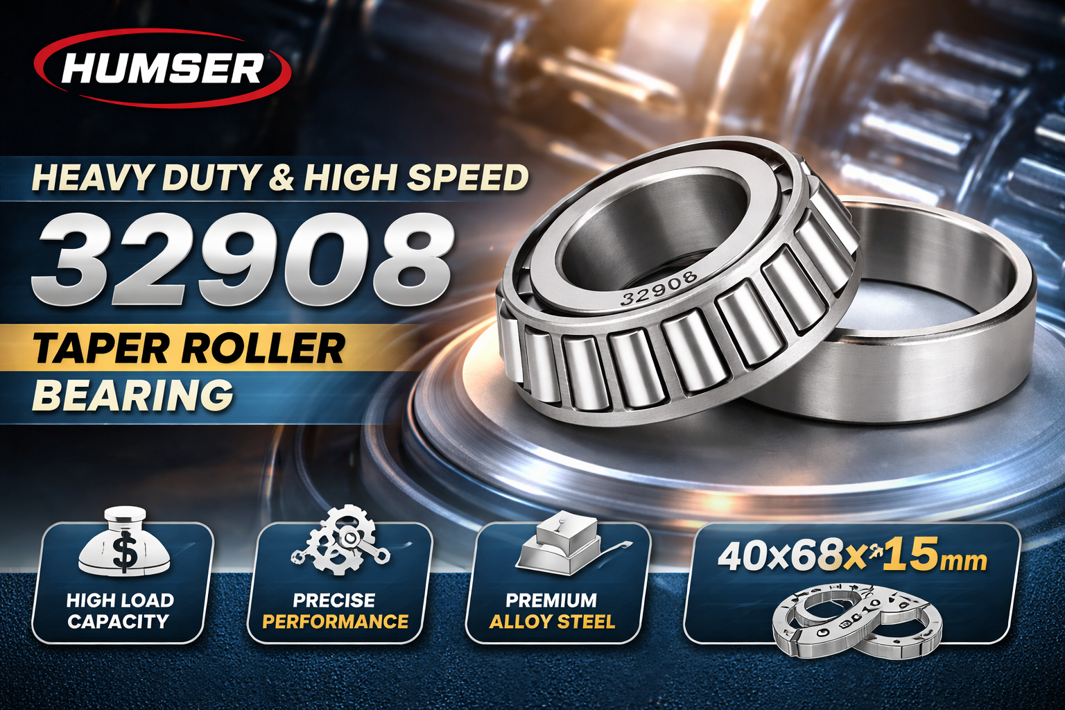 HUMSER EV 32908 tapered roller bearing made of chrome steel for EVs, automotive wheel hubs, and industrial machinery applications. 5