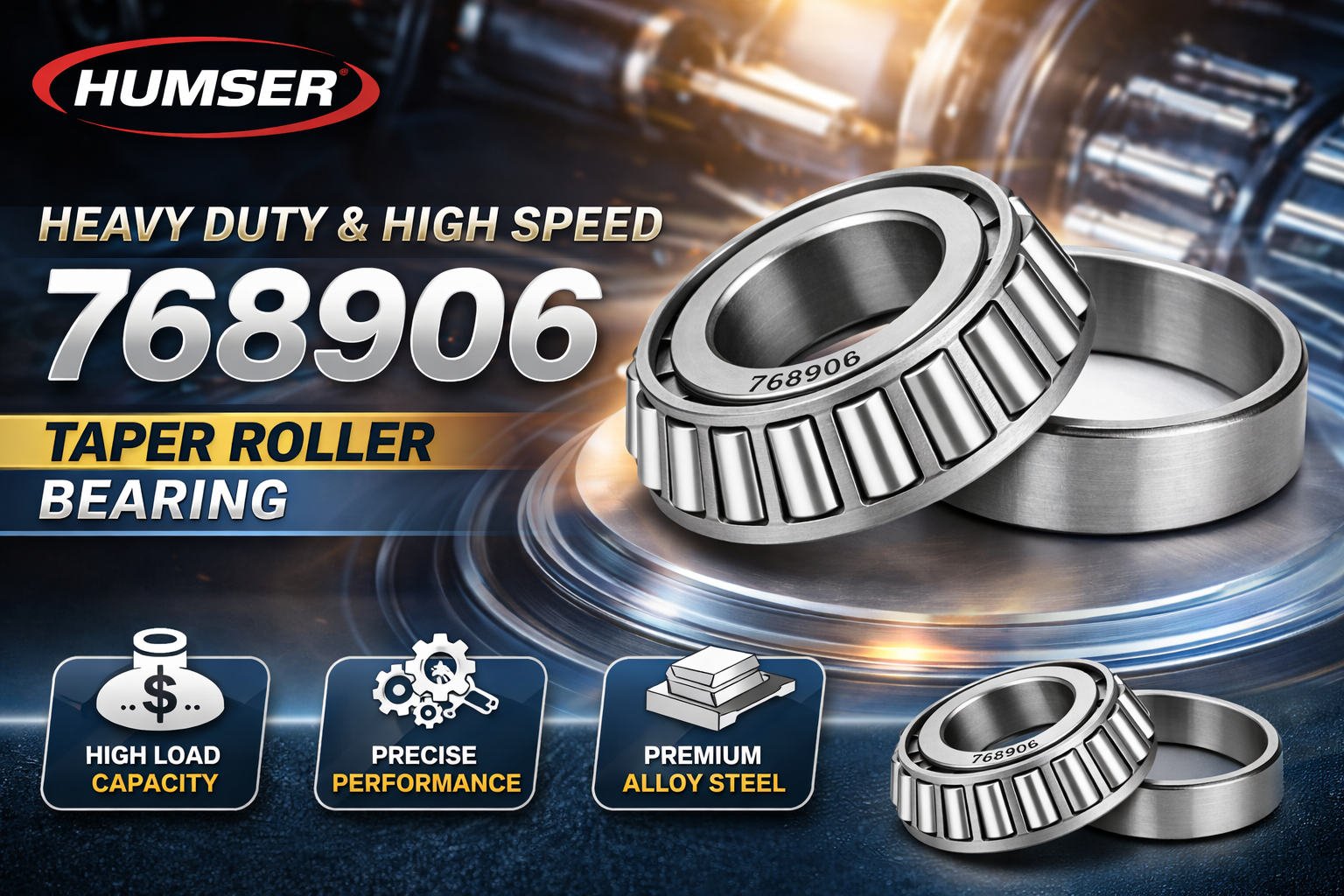 HUMSER EV 768906 tapered roller bearing made of chrome steel for EV wheel hubs, steering systems, and industrial machinery applications. 5