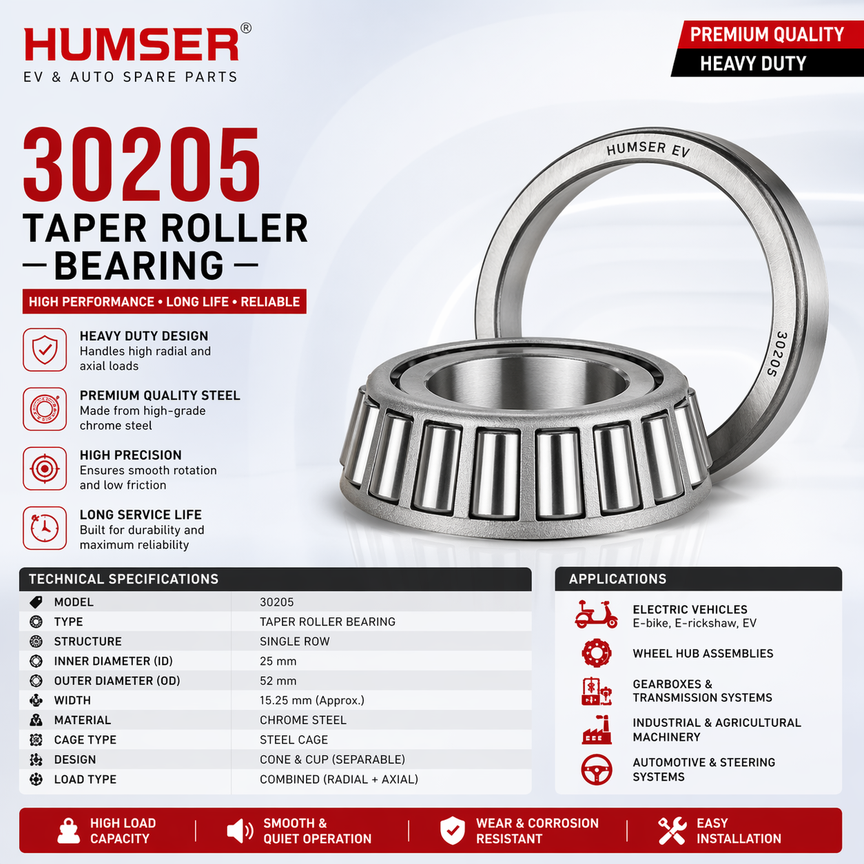 HUMSER EV 30205 tapered roller bearing made of chrome steel for EV wheel hubs, gear systems, and automotive applications. 4