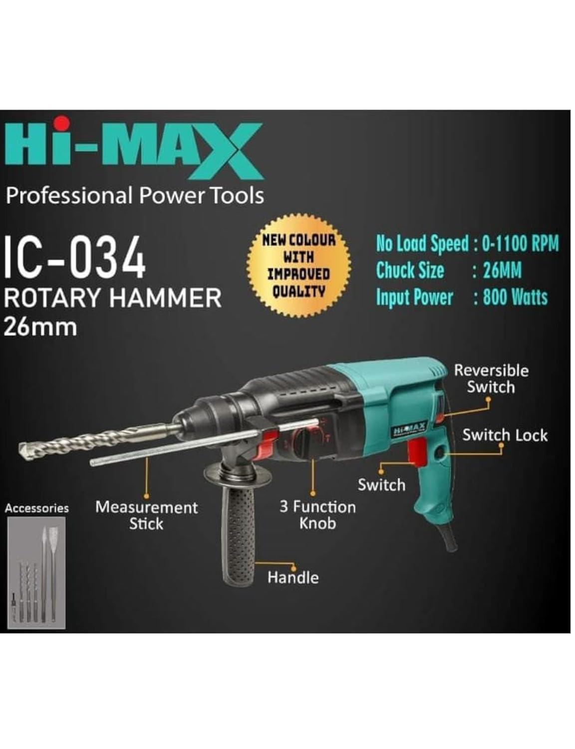 Hi-Max Rotary Hammer 26MM, 800W, 2600 RPM, 220/240V, 50/60Hz, 26MM Chuck, Switch Lock, Reverse/Forward, Includes Case, 1 Unit, Pencil Style 2