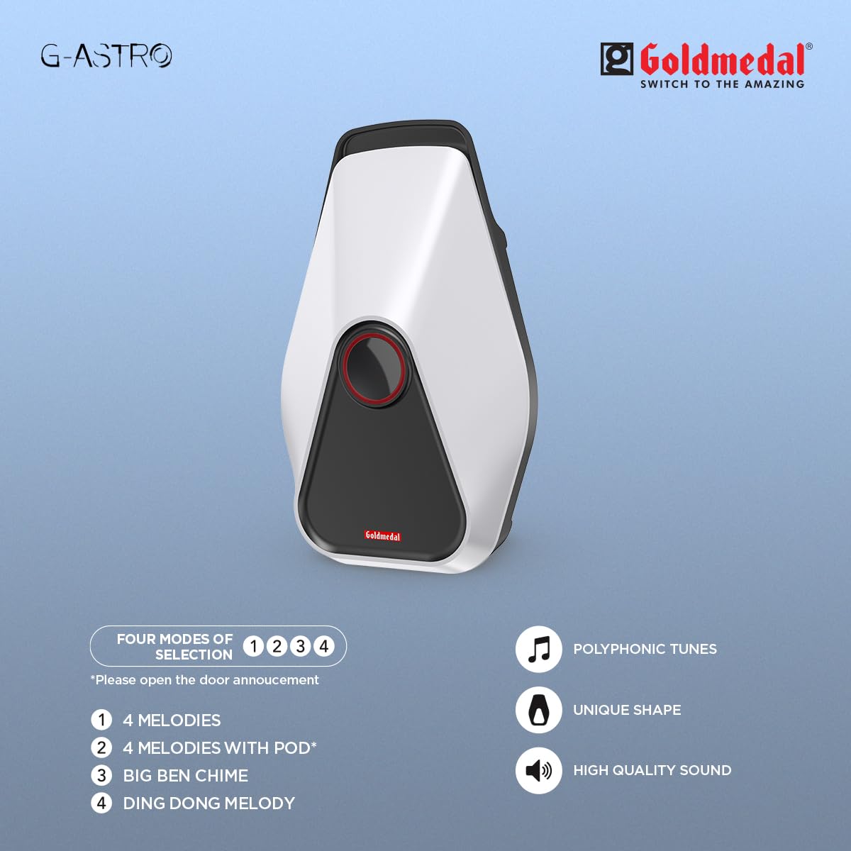 Goldmedal G-Astro Door Bell | Calling Bell For Home | Wired Electronic Door Bell for Office,School | Sleek Design | With Flashing Light | Polyphonic Tunes |-(Pack of 1) 4