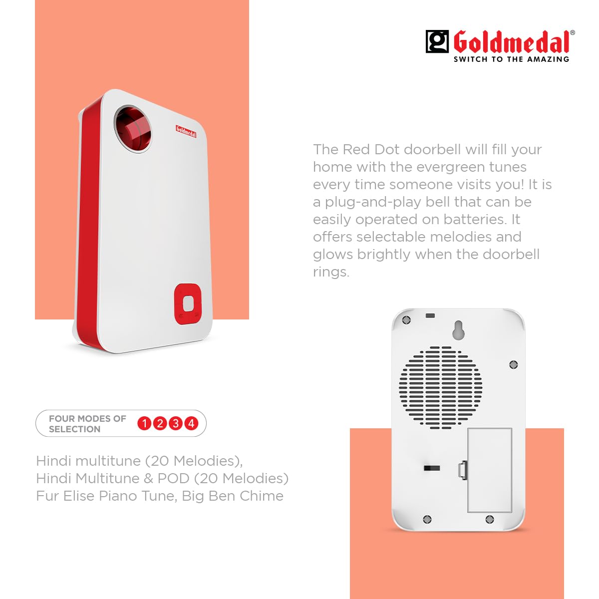 Goldmedal Red Dot Polyphonic Door Bell For Home | Calling Bell For Office,School | Wired Electric Door Bell | LED Flash Light | - White & Red 3