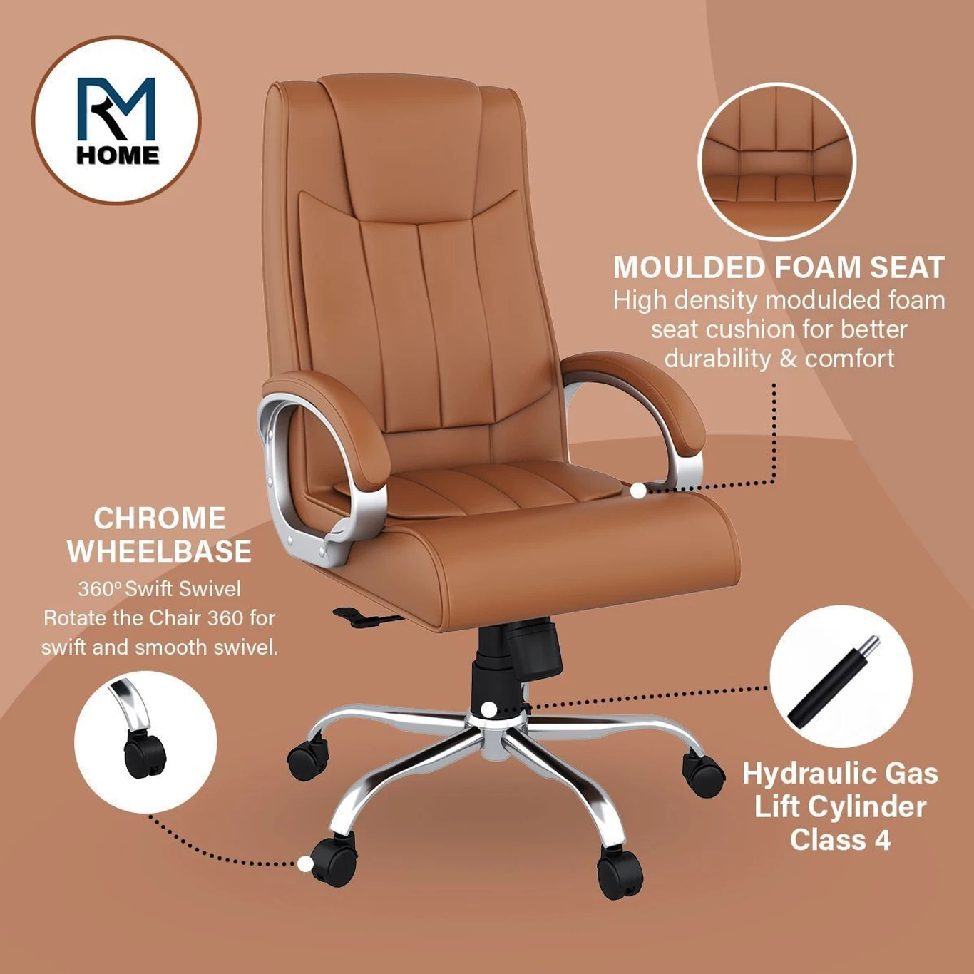 RM HOME Linea High Back Ergonomic Revolving Chair Fabric Office Adjustable Arm Chair (Tan, Optional Installation Available) 2