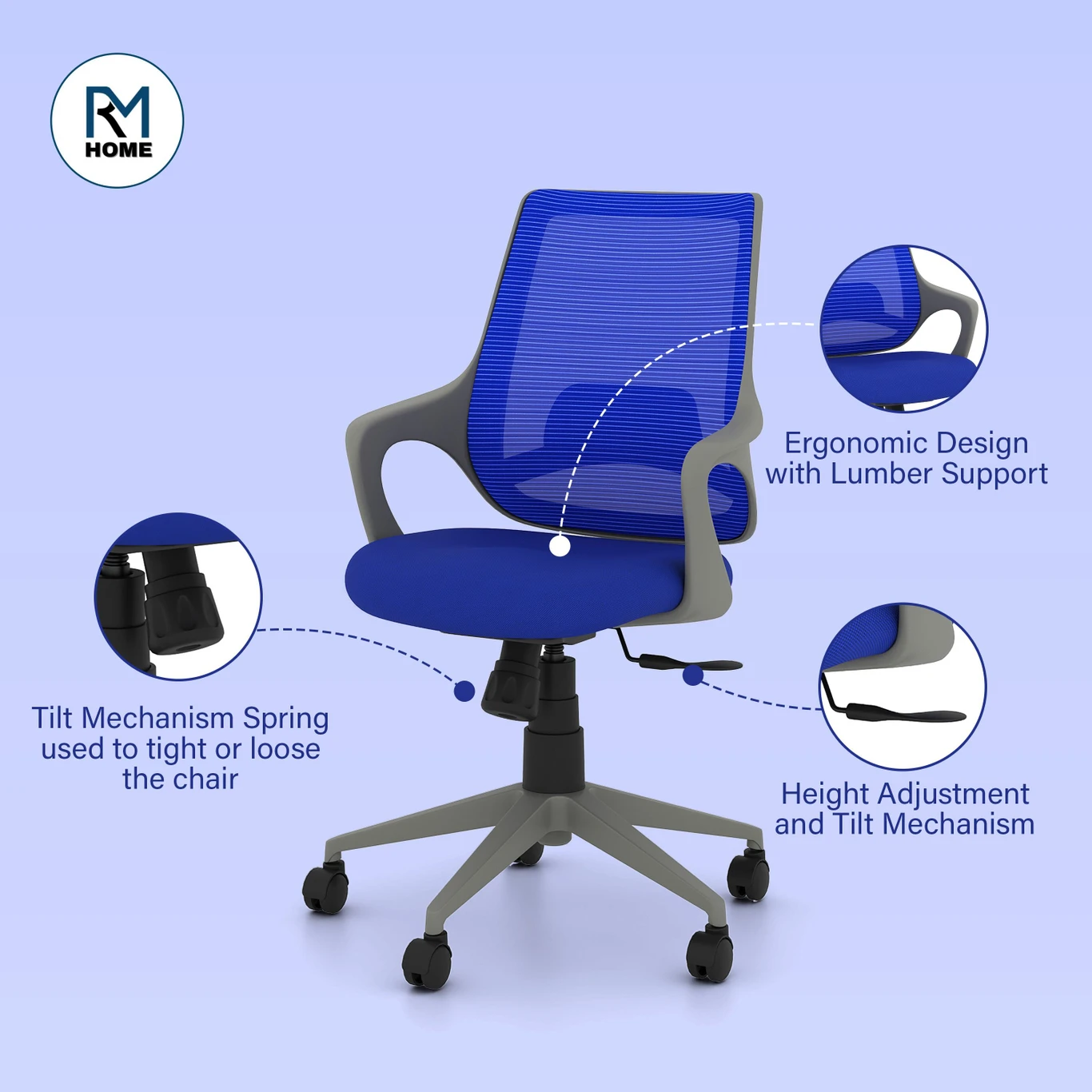 RM HOME Hamza Fabric Office Arm Chair (Blue, Optional Installation Available) 2