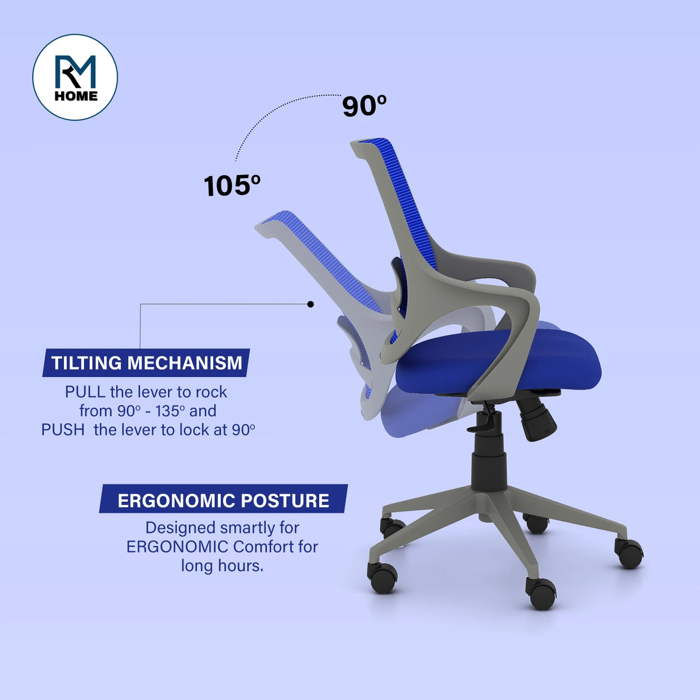 RM HOME Hamza Fabric Office Arm Chair (Blue, Optional Installation Available) 3