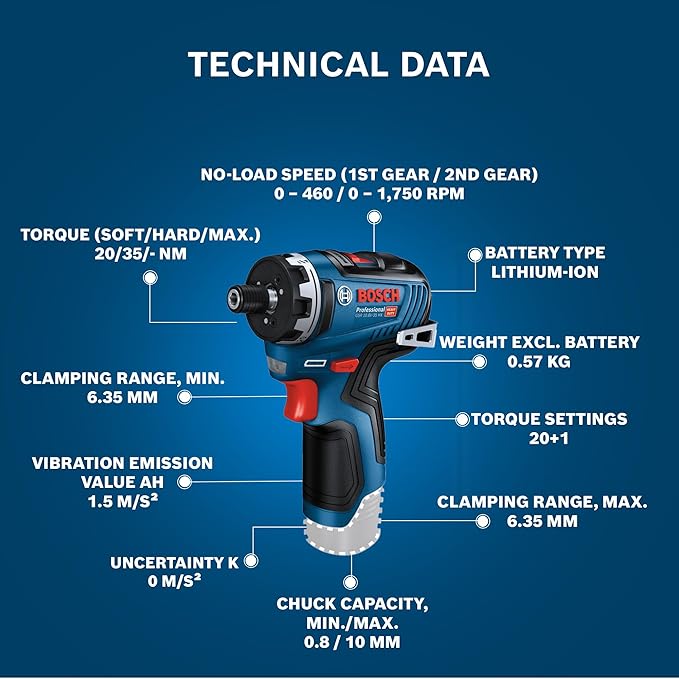 Bosch GSR 12V-35 HX Heavy Duty Cordless Screwdriver, Brushless Motor, Metal Gear,  1/4" bit, 0.5 Kg.(GSR 12V-35 HX) 4