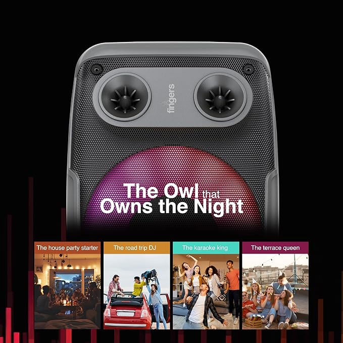 FINGERS HootBeats7 Compact Portable Speaker (Owl-inspired Design, RGB Lights, 6.35mm Mic Input for Karaoke, Multi-Point Pairing, Bluetooth | FM | USB | AUX | MicroSD, 7-hour Playtime) - Midnight Black 3