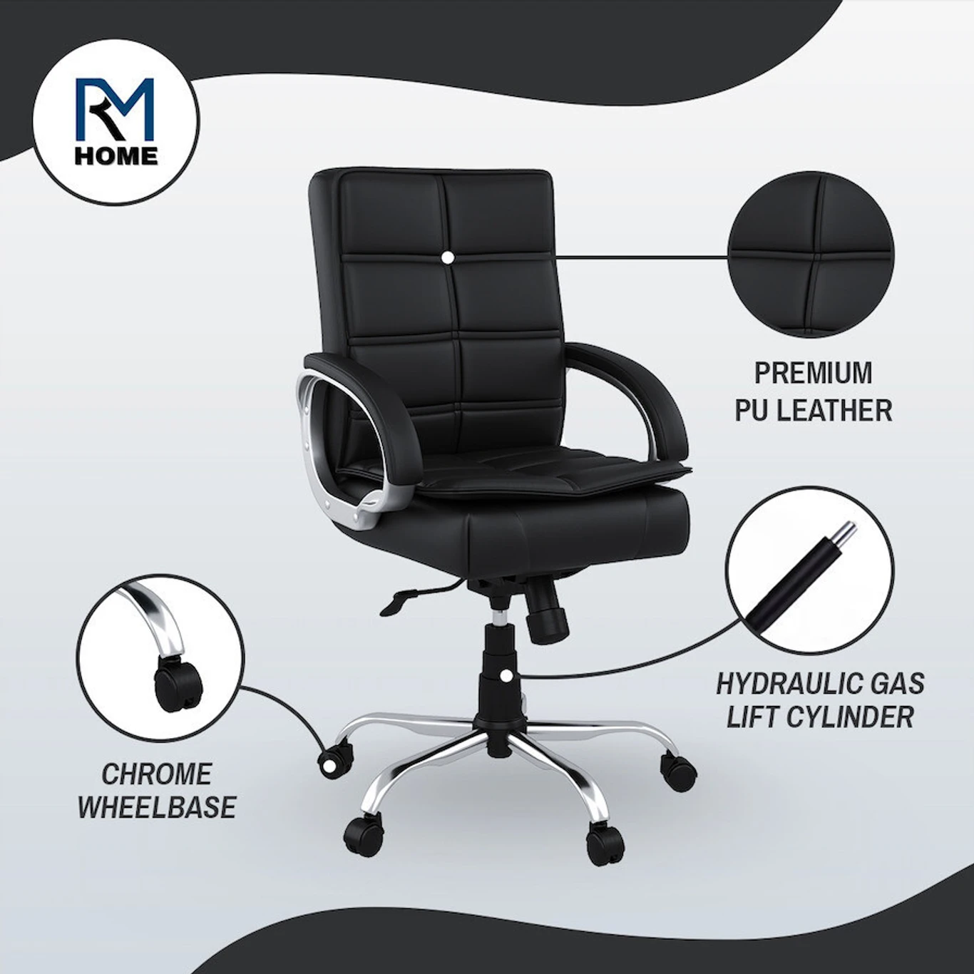 RM HOME Mary Leatherette Office Arm Chair (Black, Optional Installation Available) 2
