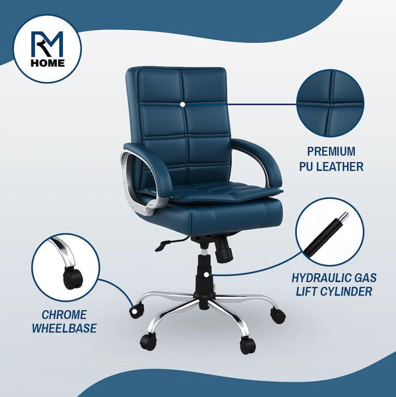 RM HOME Mary Leatherette Office Arm Chair (Blue, Optional Installation Available) 2