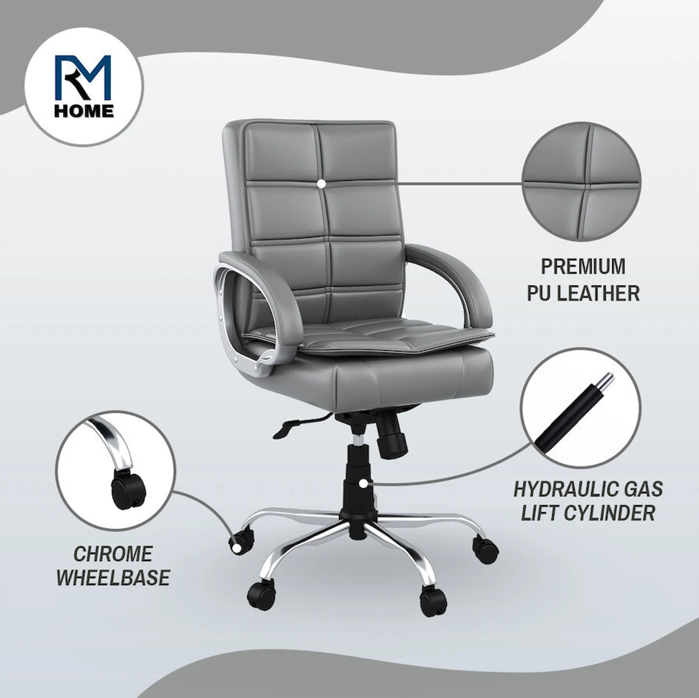 RM HOME Mary Leatherette Office Arm Chair (Grey, Optional Installation Available) 2