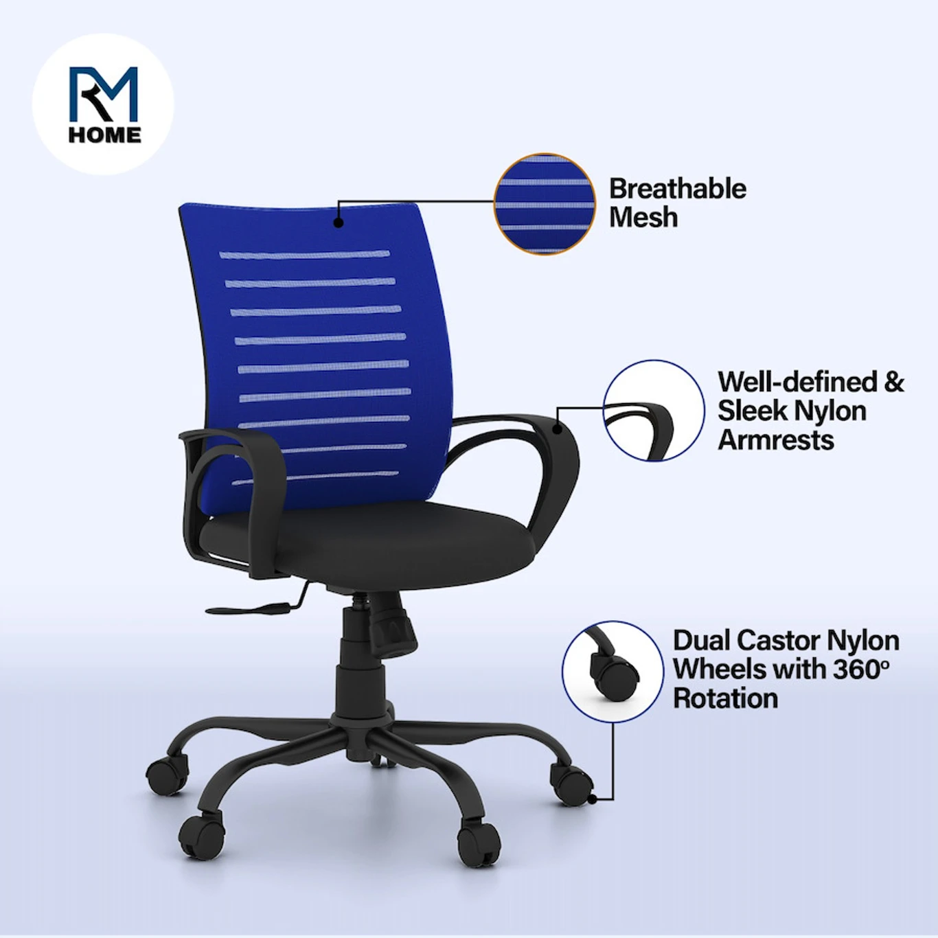 RM HOME Tivra Mid Back Fabric Office Executive Chair (Blue, Optional Installation Available) 2