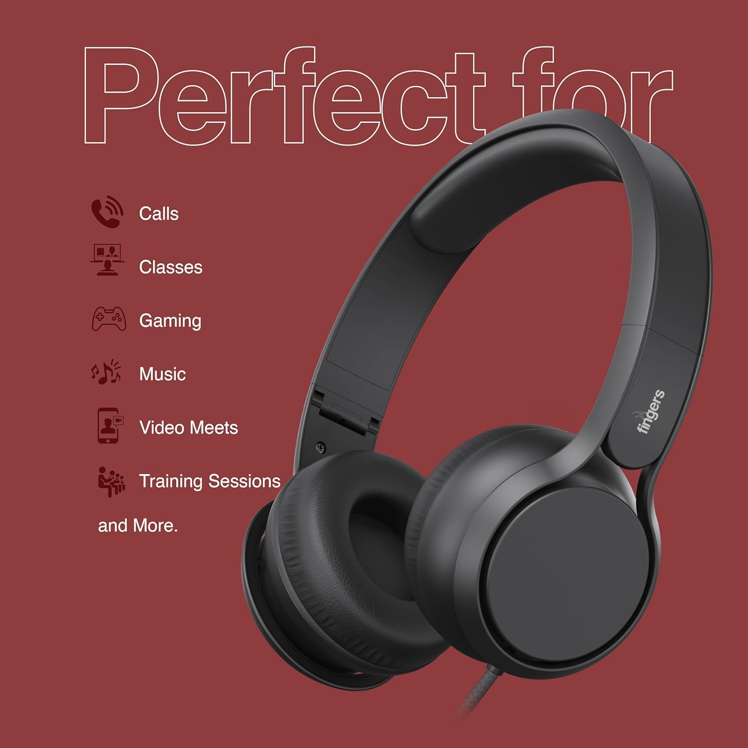 FINGERS S7 Wired On-Ear Headset with Built-in Mic (Single 3.5 mm Plug & Play, Powerful 40 mm Driver, Lightweight & Foldable Design, Braided Tangle-Free Cable) - Rich Black 4