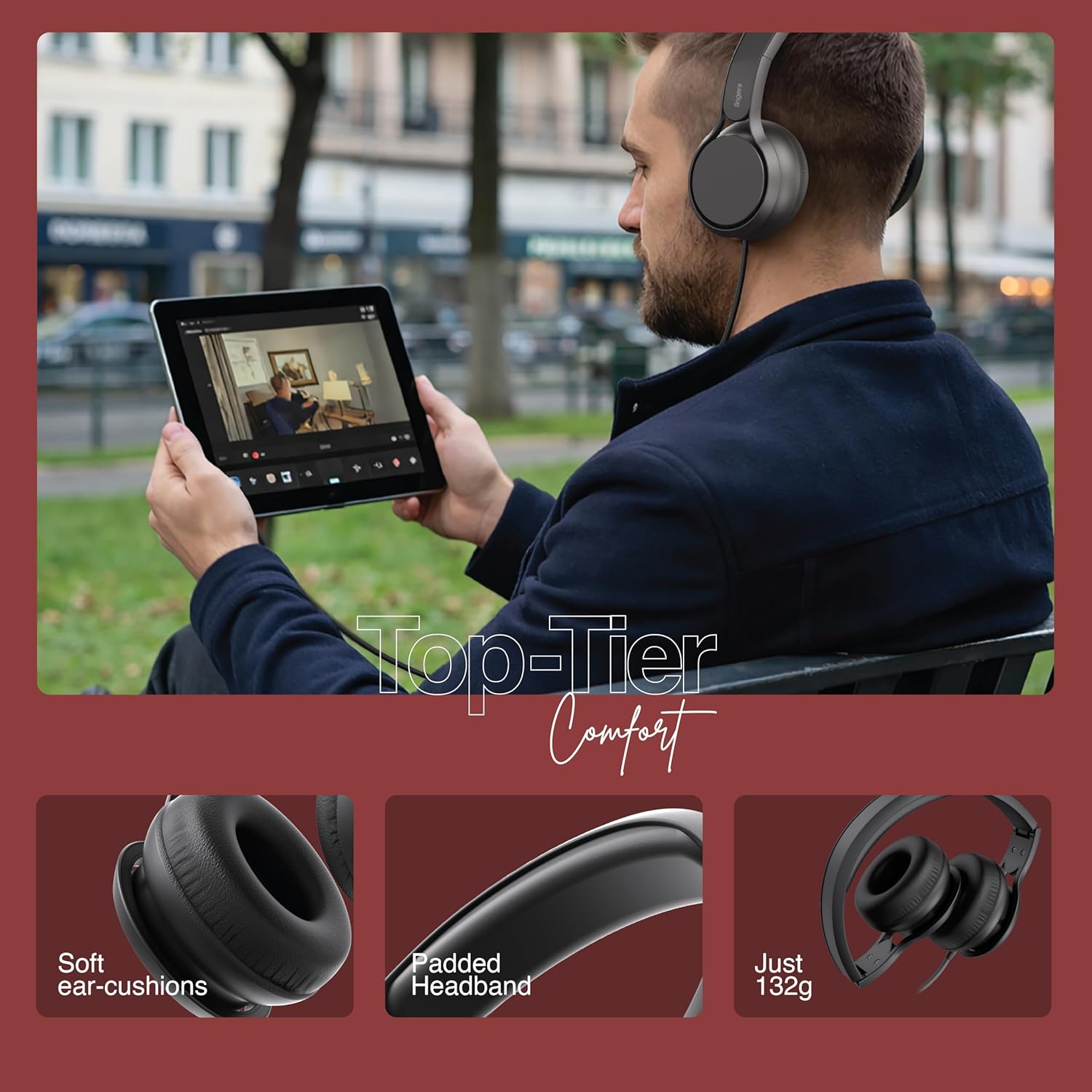 FINGERS S7 Wired On-Ear Headset with Built-in Mic (Single 3.5 mm Plug & Play, Powerful 40 mm Driver, Lightweight & Foldable Design, Braided Tangle-Free Cable) - Rich Black 2