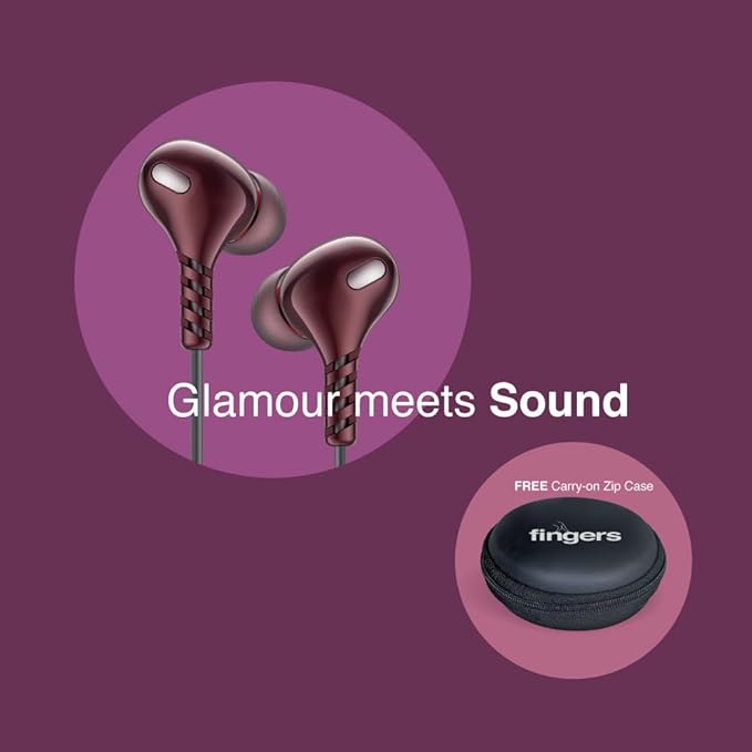 FINGERS SoundGlitz2 Wired Earphones (10 mm Neodymium Driver | Sturdy Cable with L-Pin Connector | Built-in Mic | Free Carry-on Zip Case) (Burgundy) 2