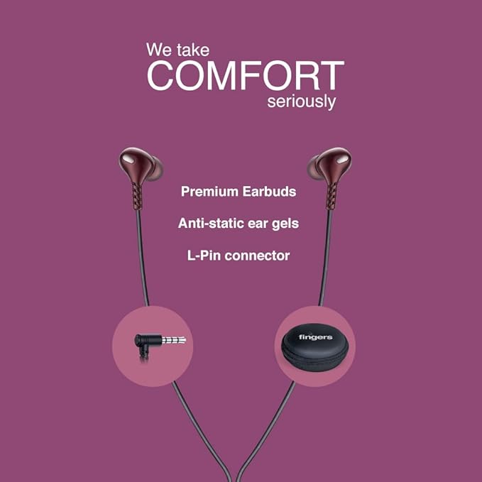 FINGERS SoundGlitz2 Wired Earphones (10 mm Neodymium Driver | Sturdy Cable with L-Pin Connector | Built-in Mic | Free Carry-on Zip Case) (Burgundy) 4