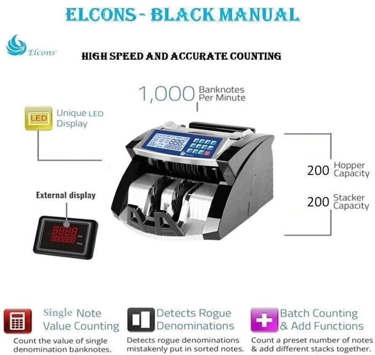 ELCONS EL- BLACK MANUAL Note Counting Machine (Counting Speed - 1000 notes/min) 4