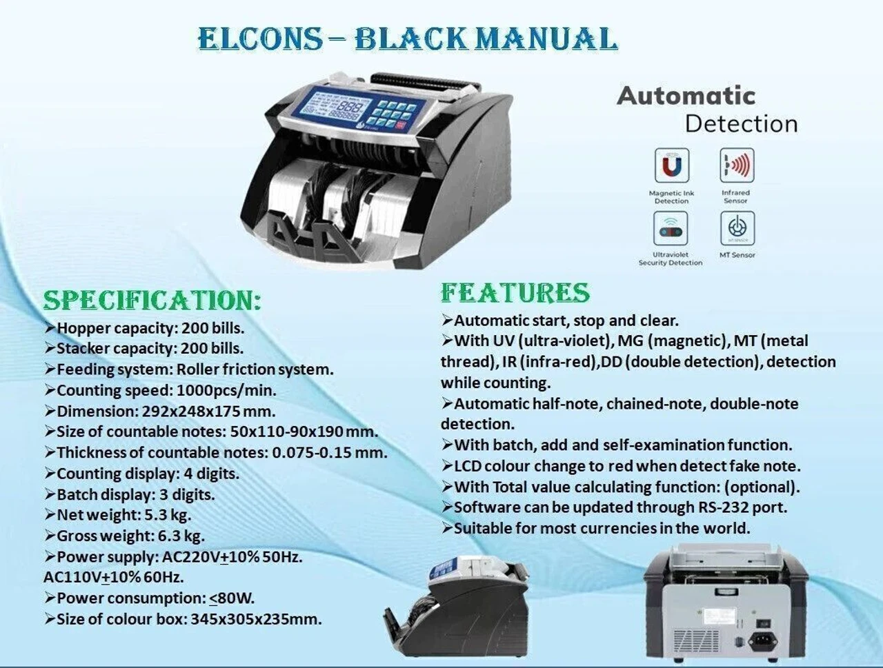 ELCONS EL- BLACK MANUAL Note Counting Machine (Counting Speed - 1000 notes/min) 5