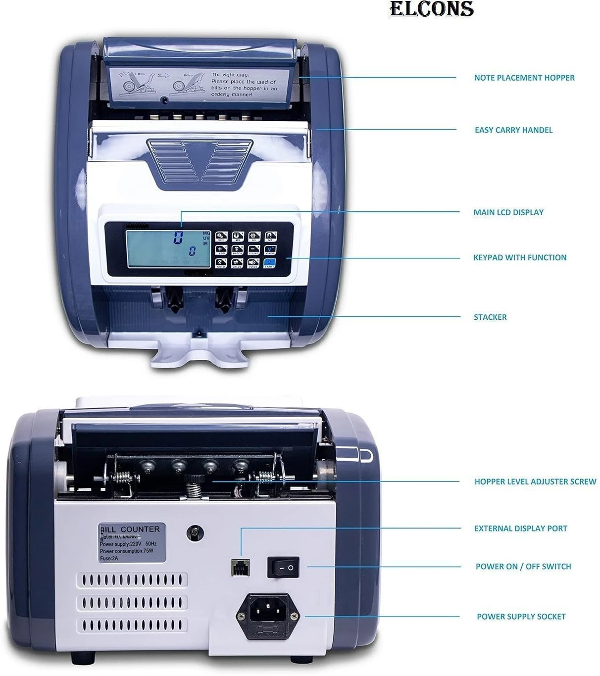 ELCONS LCD Manual Note Counting Machine,Heavy Duty Machine,UV/MG/IR Fake Note Detection Note Counting Machine (Counting Speed - 1000 notes/min) 2