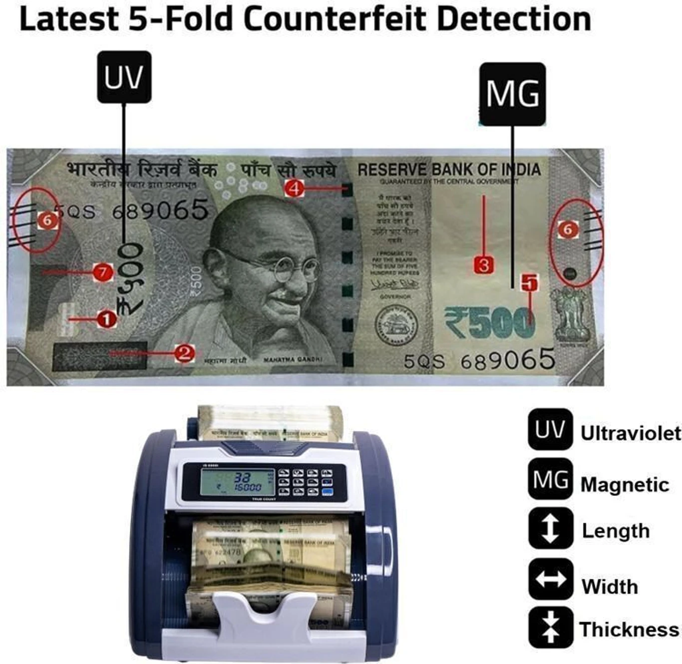 ELCONS LCD Manual Note Counting Machine,Heavy Duty Machine,UV/MG/IR Fake Note Detection Note Counting Machine (Counting Speed - 1000 notes/min) 4