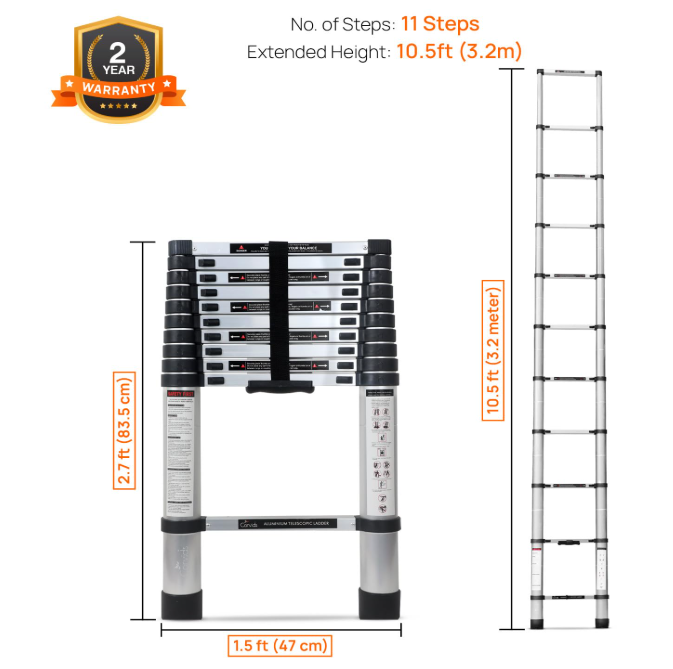 Corvids 3.2m (10.5 feet) Portable & Compact Aluminum Telescopic Ladder | 2-Year Warranty | EN131 Certified 11-Steps Foldable Multipurpose Step Ladder for Home & Outdoor use 3