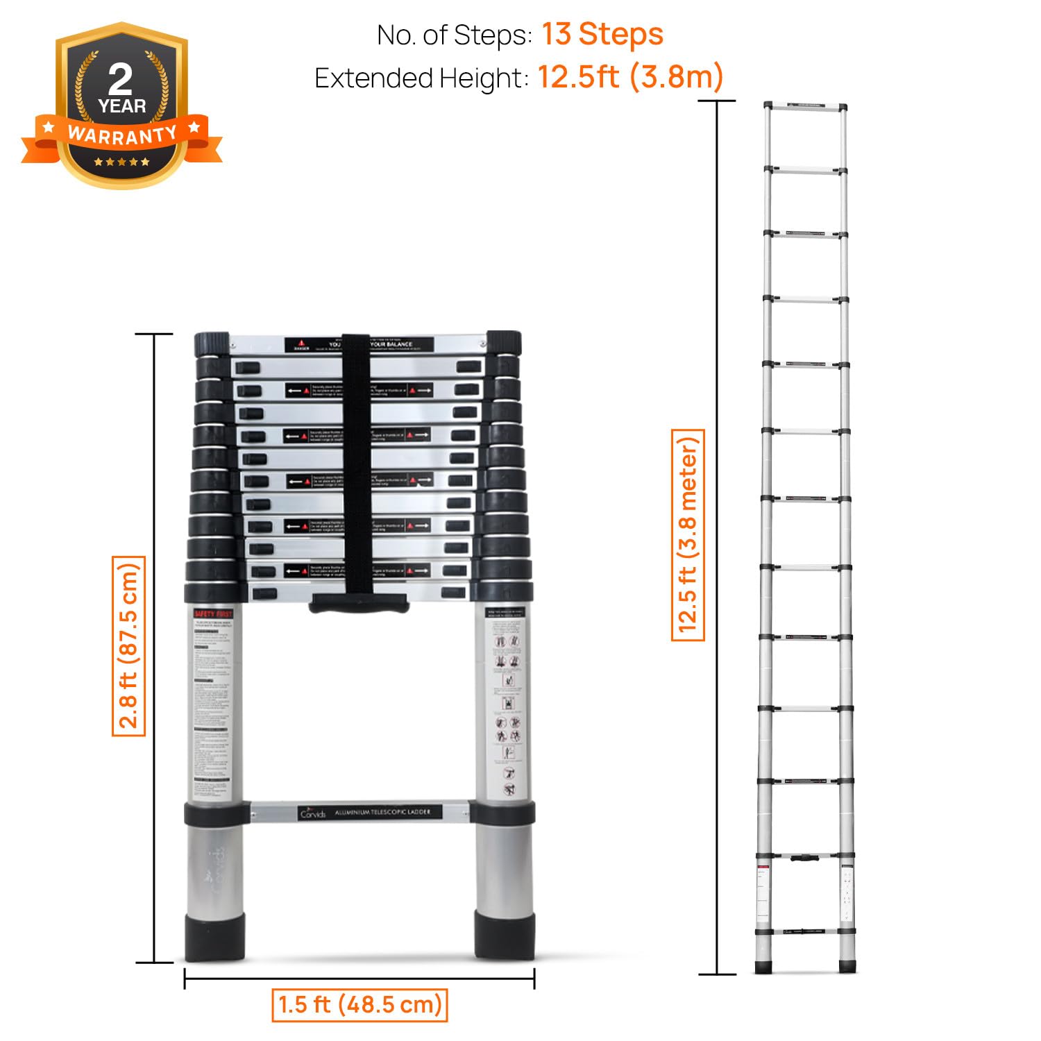 Corvids 3.8m (12.5 feet) Portable & Compact Aluminium Telescopic Ladder | 2-Year Warranty | EN131 Certified 13-Steps Foldable Multipurpose Step Ladder for Home & Outdoor use 3
