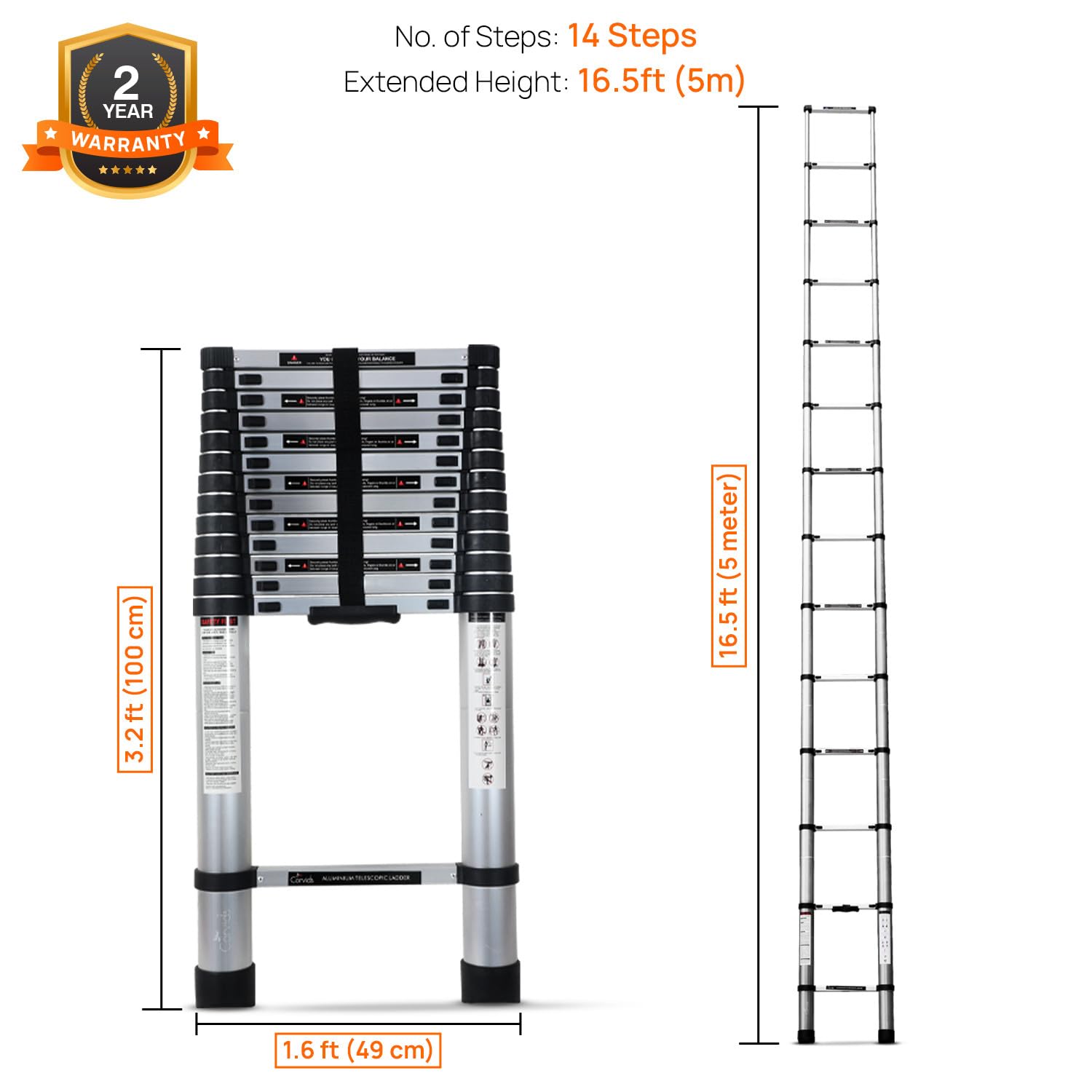 Corvids 5.0m (16.5 feet) Portable & Compact Aluminium Telescopic Ladder | 2-Year Warranty | EN131 Certified 14-Steps Foldable Multipurpose Collapsible Ladder for Home & Outdoor use  3